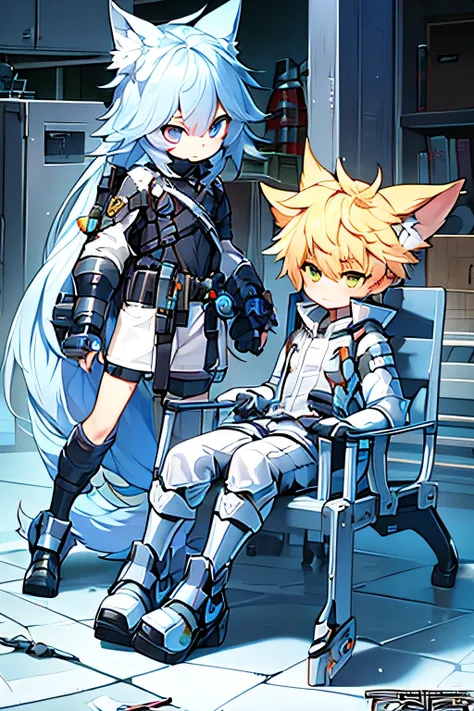 Game CG，8K quality，((younge boy))，Sense of childhood，Anime male protagonist，Wolf ears，Beast tail，Handsome face，Tactical communication goggles，Silvery-white and sky blue dyes，Future Tech Warframe，Back of manipulator，Mechanical combat boots，Full body like，Sp...