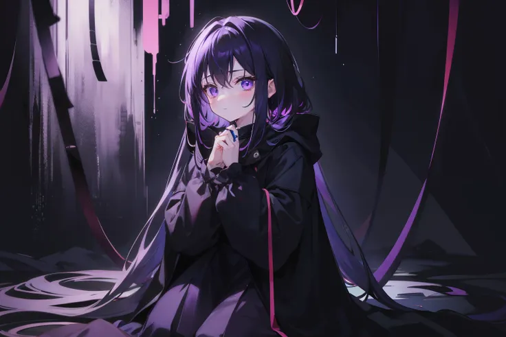 The girl was sitting in a dark and empty environment, Her expression was terrifying and mysterious., and the environment becomes dark、her hands struggled, purple glowing eyes, black clothes,