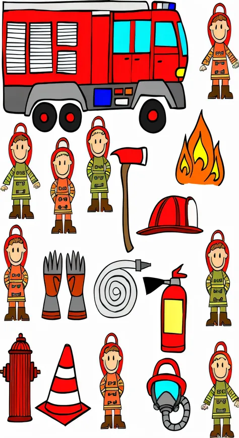 a group of firemen and firetrucks with fire hoses, fire theme, firefighter, fireman, clipart, clip art, firefighting gear, fires, lots of fire, fireman sam, numerous fires, fire, stick figures, playing with a small firetruck, fire lines, young female firef...