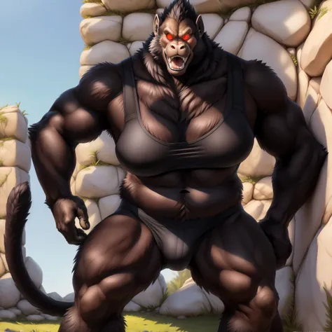 solo, breath (ultra detailed), a beautiful and detailed full size portrait of a female anthro gorilla, oozaru, brown fur, fur body, monkey tail, red eyes, close up view, glowing eyes, empty eyes, tail, bedroom eyes, detailed eyes, big body, sexy body, (wid...