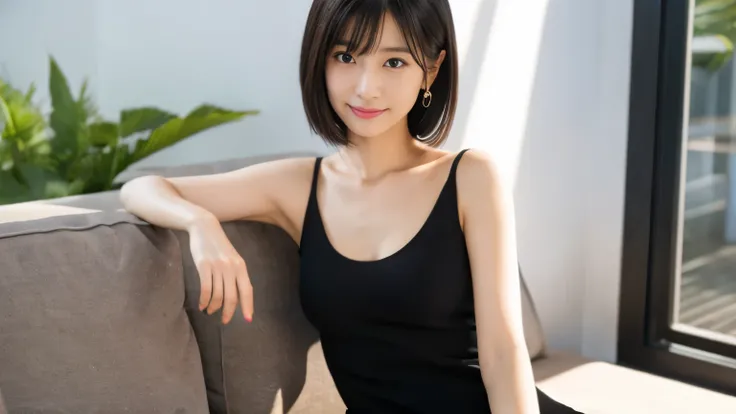 japanese woman, 30 years old, slender body shape, small breasts, very thin waist, beautiful face, beautiful eyes, black short hair, wearing a tight and short knit dress, sitting at a stylish cafe, 1 girl, alone, detailed face and eyes, small fingers and ar...