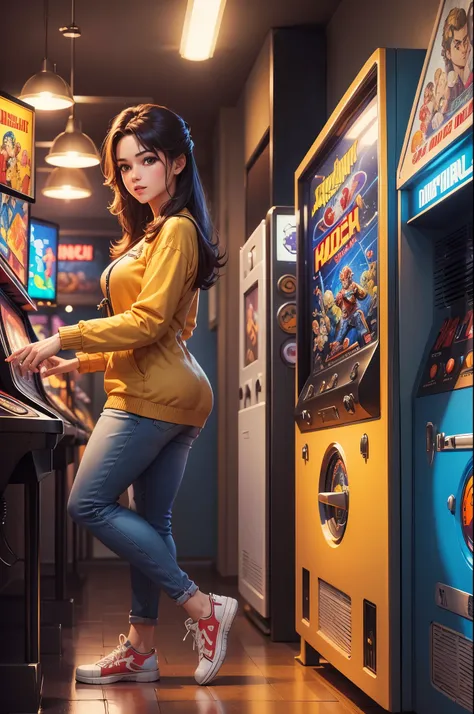 (highest quality、4K、High resolution、masterpiece: 1.2)、Detailed retro game illustration、classic pinball machine、Classic game with American comic hero motif、Bright colors、dynamic lighting