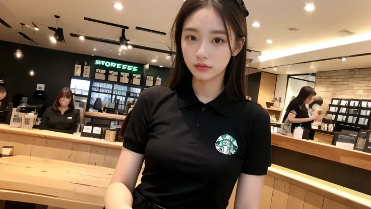 ((highest quality、8K、masterpiece:1.3))、sharp focus:1.2、beautiful woman with perfect body:1.4、(black polo shirt)、(Inside the Starbucks store:1.2)、Highly detailed face and skin texture、 detailed eye、double eyelid、sunburned肌、Sexy、sunburned