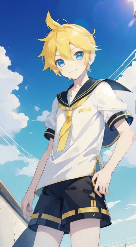 one boy, Len_Kagamine, sailor uniform, short pants, smile, cool, outdoor, character focus, cowboy shot