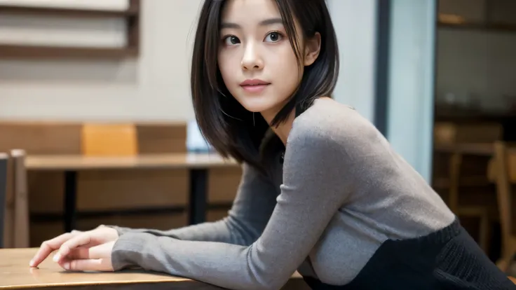 japanese woman, 30 years old, slender body shape, small breasts, very thin waist, beautiful face, beautiful eyes, black short hair, She is wearing a tight, short gray knit dress with an open back design., sitting at a stylish cafe, I look back at you gentl...