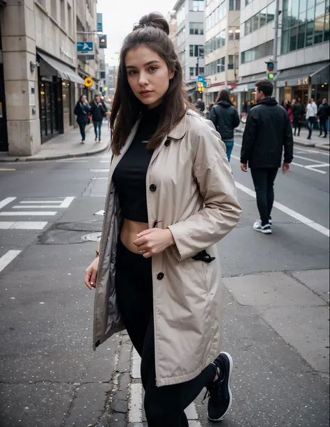 pretty 26 year old fitness influencer, HD +, realistisch, tolles Outfit, traveling on the street coat 