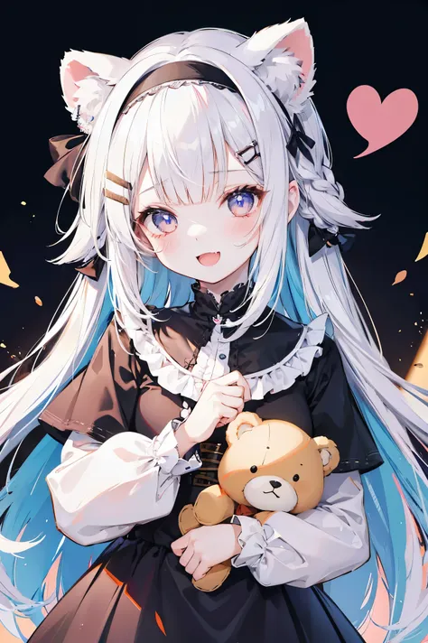 1girl, animal ears, hair ornament, smile, white hair, simple background, long hair, solo, open mouth, white background, bear ears, heart, bangs, :d, fang, braid, fake animal ears, black eyes, stuffed toy, blush stickers, hairband, upper body, long sleeves,...