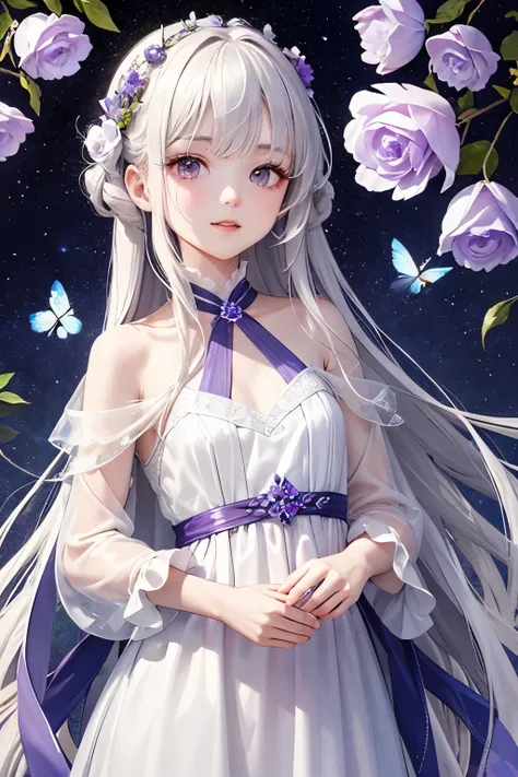 ((highest quality)), ((masterpiece)), (be familiar with), perfect face、ephemeral、Fine-textured skin with light pigment、platinum hair、Clear purple eyes like amethyst、Long eyelashes are platinum like hair。ephemeral。straight hair。white dress。little luck