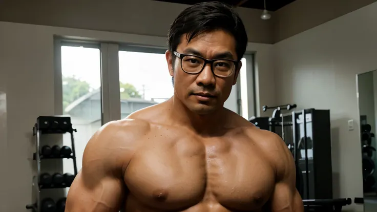 asian , man , middle age , glasses , muscle ,  barebacked , gym , sexy