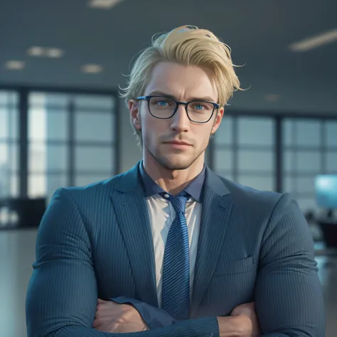 Handsome man with glasses, blonde hair, blue suit, blue pants, glasses, blue eyes, in a large private office, photo-realistic, octane render, unreal engine, ultra-realistic