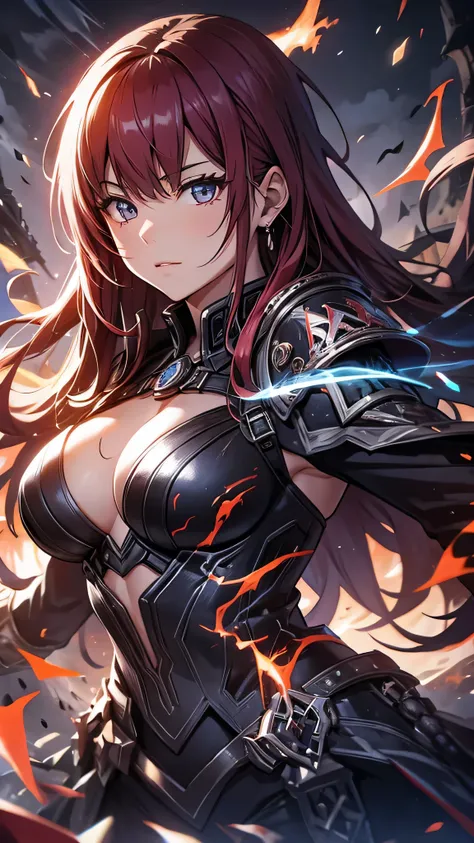 最high quality、best image quality、masterpiece、girl((20-year-old、 By becoming、vest bust、medium bust,wide open breast tea、shining eyes, glowing red hair、long hair、thin,highest valley、black and red suit、Wristband、black gloves、fight pose、inflammation from the w...