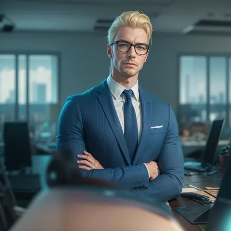 Handsome man with a long face and glasses, blonde hair, blue suit, blue pants, glasses, blue eyes, in a large private office, photo-realistic, octane render, unreal engine, ultra-realistic