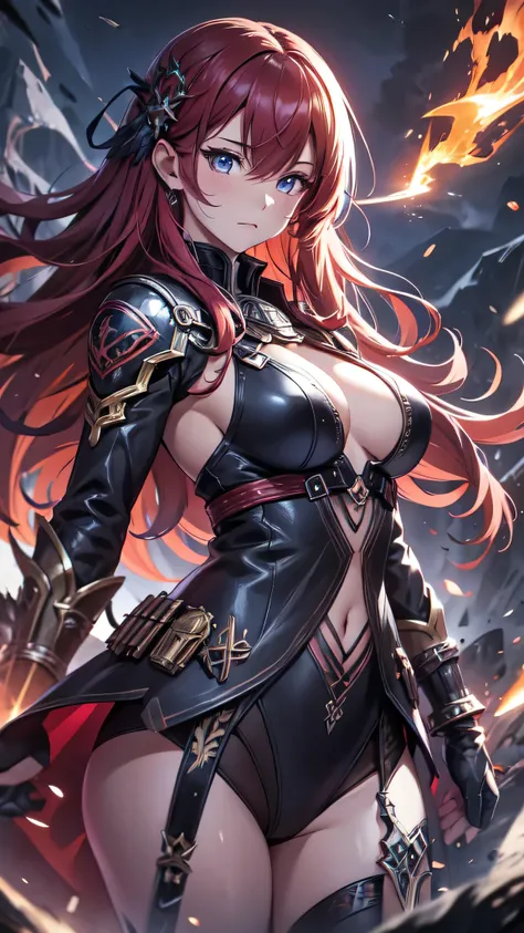 最high quality、best image quality、masterpiece、girl((20-year-old、 By becoming、vest bust、medium bust,wide open breast tea、shining eyes, glowing red hair、long hair、thin,highest valley、black and red suit、Wristband、black gloves、fighting pose、inflammation from th...