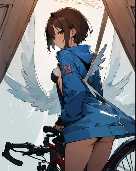 nsfw,(((masterpiece))), ShizukaMikazuki, 1 girl, alone, looking at the viewer, short hair, brown hair, long sleeve, cleavage, medium breasts, closed mouth, clavicle, Jacket, open clothes, open Jacket, blue Jacket, ground vehicle, play sports often, bicycle...