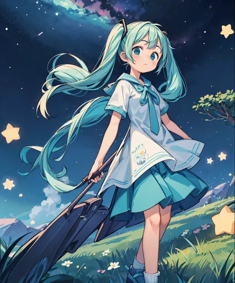 (masterpiece、highest quality、highest quality、official art、美しくbeautiful:1.2)、(1 girl:1.3)Hatsune Miku、twin tails,big breasts,Anime girl wearing white glass , Stand on the Ground,night view ,There are many stars in the night sky,milky way ,anime style, 32k u...