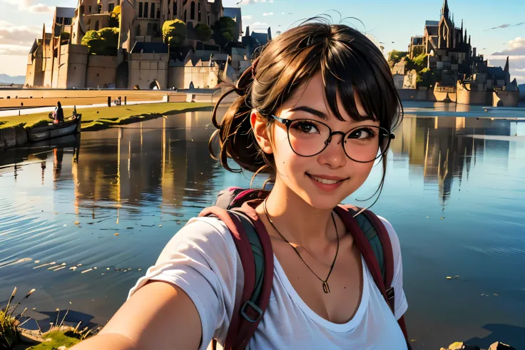 ((wide angle shot)) beautiful female tourist, black hair, ponytail, bangs, wearing large glasses, smirk, ((wearing a Backpacker style outfit)), morning light, Mont Saint-Michel, Normandy