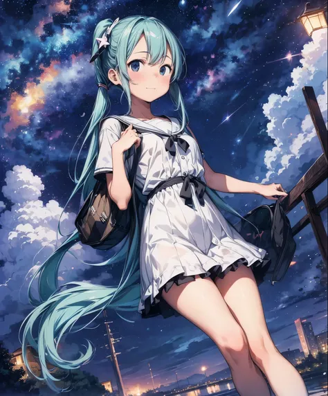 (masterpiece、highest quality、highest quality、official art、美しくbeautiful:1.2)、(1 girl:1.3)Hatsune Miku、twin tails,big breasts,Anime girl wearing white glass , Stand on the Ground,night view ,There are many stars in the night sky,milky way ,anime style, 32k u...