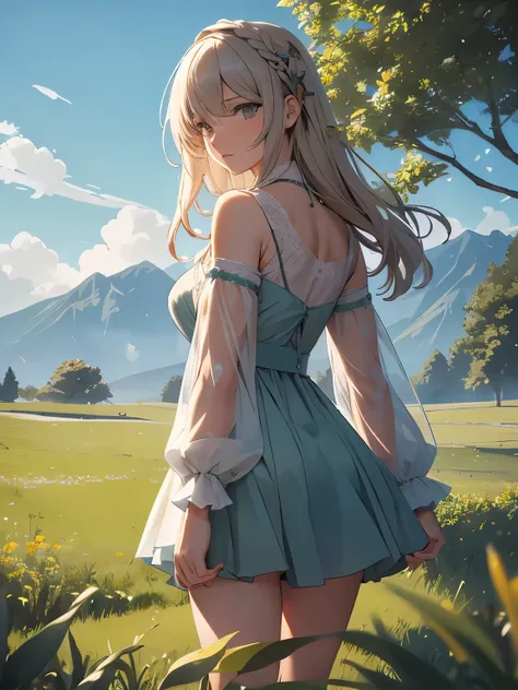 In a green meadow is a girl who leads a group of knights.
BREAK
With a brave expression, guides them to their destination.
BREAK
Behind her, A green forest extends and beyond that, Mountains rise in the distance.
BREAK
The most suitable effect for this sce...