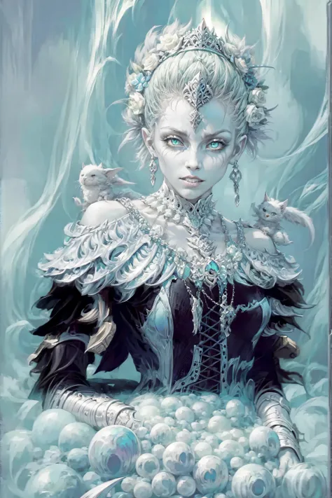 (dark fantasy), (Ultra Wide AngleMoonlight), In front of a Gothic castle, a skeleton maid (Head down, dressed in tattered maid attire，green eyes, Open mouth) ,  conceptual digital art, Azure blue and gray, (masterpiece, best quality, UHD, extremely detaile...