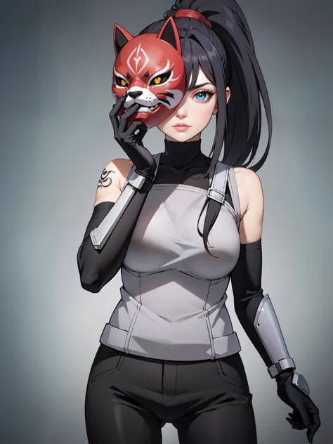 perfect eyes:1.2, detailed eyes:1.4, black hair, ponytail, very long hair, mask on hand, covering face, cat mask, grey armor:1.2...