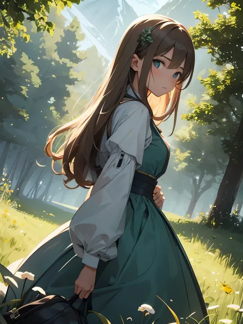 In a green meadow is a girl who leads a group of knights.
BREAK
With a brave expression, guides them to their destination.
BREAK
Behind her, A green forest extends and beyond that, Mountains rise in the distance.
BREAK
The most suitable effect for this sce...