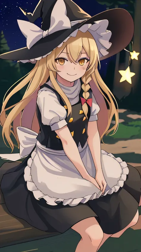 masterpiece, highest quality:1.2,high resolution , soft ambient lighting, sharp focus, 4k, BREAK kirisame marisa, 1 girl, blonde hair, witch hat, yellow eyes, long hair, vest, apron, bow, short sleeve, hat bow, Braid, plump sleeves, skirt, rest outdoors, f...