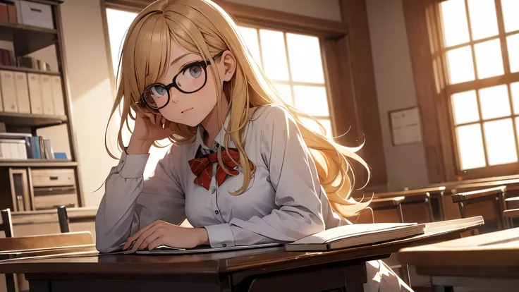 a girl in glasses, cute and adorable, with blonde hair, sitting in a classroom[masterpiece:1.2], wearing a , intelligent and focused, surrounded by classmates, notebooks, and textbooks. The classroom is well-lit with natural sunlight, creating a warm and i...