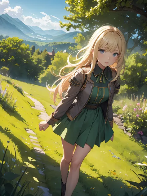 In a green meadow is a girl who leads a group of knights.
BREAK
With a brave expression, guides them to their destination.
BREAK
Behind her, A green forest extends and beyond that, Mountains rise in the distance.
BREAK
The most suitable effect for this sce...