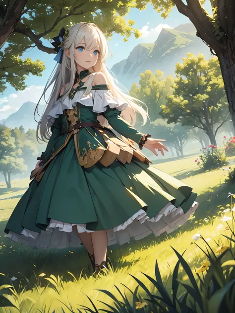 In a green meadow is a girl who leads a group of knights.
BREAK
With a brave expression, guides them to their destination.
BREAK
Behind her, A green forest extends and beyond that, Mountains rise in the distance.
BREAK
The most suitable effect for this sce...