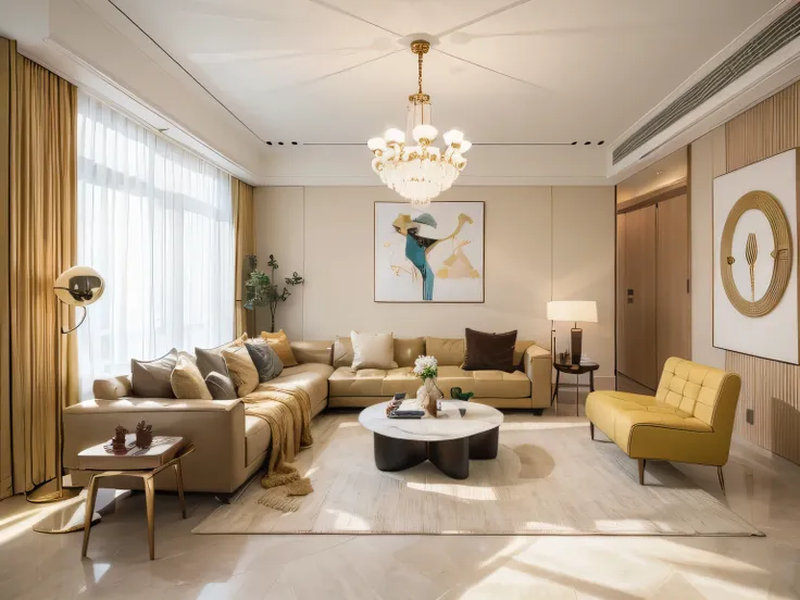 (a refined living room experience), a girl stepped into the living room, feeling as if she entered an exquisite art gallery. The ceiling is high, adorned with modernist oil paintings that are vibrant and full of life. The sofa is upholstered with top-grade...