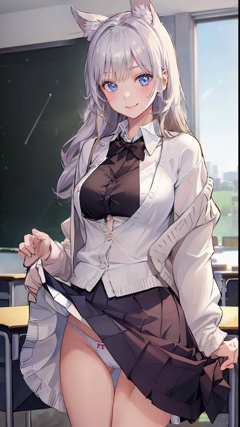 ((1 girl:1.5))、(smile:1.5)、、（cowboy shot）、(fun!!)、(white cardigan:1.5)、(dog ears)、(silver hair)、blush、(long hair)、(eye highlights:1.3)、blake black shoes,(黒いskirt:1.5)、bow, button, shirt with collar, long sleeve,  ((red bow tie, ,, white shirt, チェック柄のskirt:...