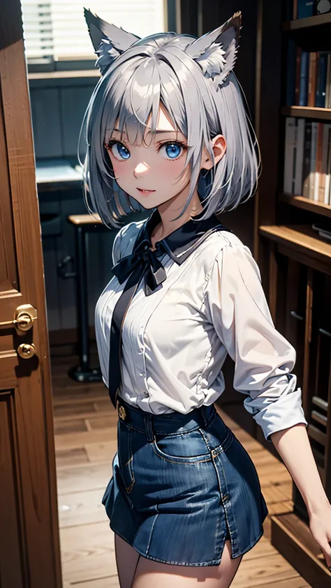 8K、High resolution、Super fine、highest quality、1 girl、18-year-old、silver hair、bob cut、bangs、(fox ears)、(ordinary cute woman)、(shy)、
cute room white blouse、denim mini skirt、blue eyes、beautiful fine eyes、small mouth、small bust、（cowboy shot）、（from the front）、（...