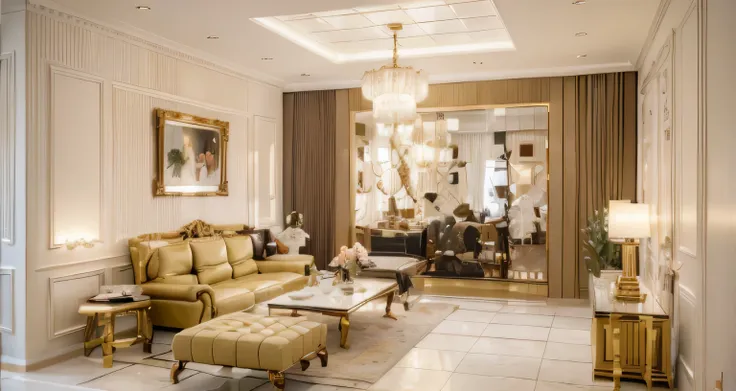 (a refined living room experience), a girl stepped into the living room, feeling as if she entered an exquisite art gallery. The ceiling is high, adorned with modernist oil paintings that are vibrant and full of life. The sofa is upholstered with top-grade...
