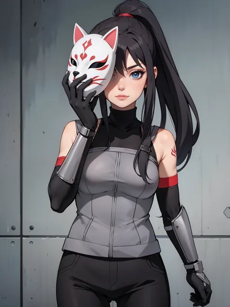 perfect eyes:1.2, detailed eyes:1.4, black hair, ponytail, very long hair, mask on hand, covering face, cat mask, grey armor:1.2...