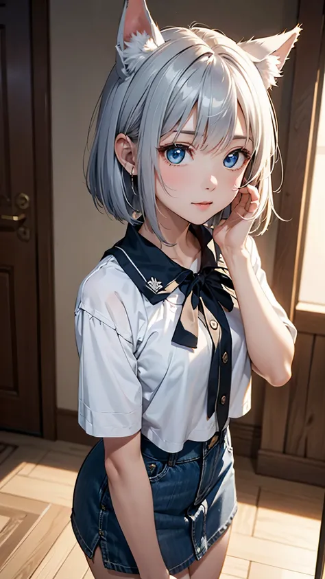 8K、High resolution、Super fine、highest quality、1 girl、18-year-old、silver hair、bob cut、bangs、(fox ears)、(ordinary cute woman)、(shy)、 cute room white blouse、denim mini skirt、blue eyes、beautiful fine eyes、small mouth、small bust、（cowboy shot）,（from the front）,（...