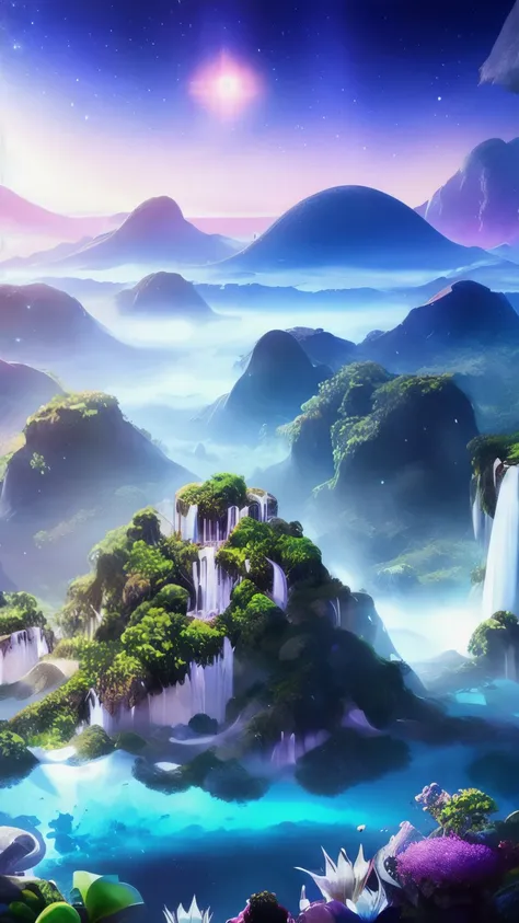 vast and mysterious landscape. This is a world where colors used to swirl, floating island, and majestic creatures. Luminescent plants, A crystal waterfall cascading gracefully, And the sky filled with shining stars,