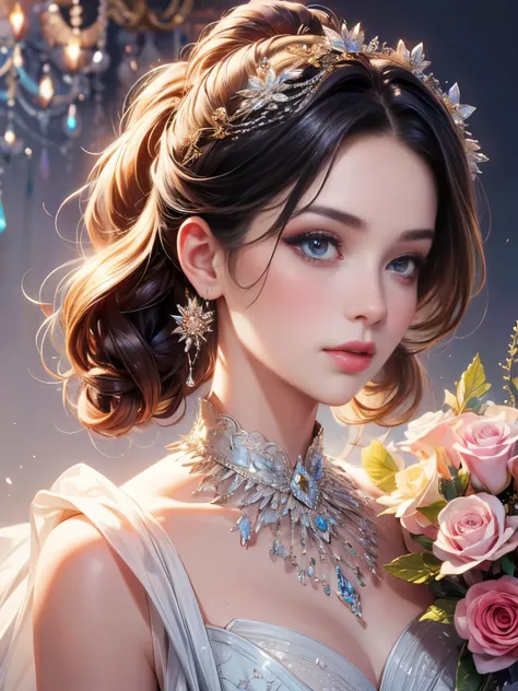 (masterpiece:1.2),high resolution,beautiful aristocratic girl in a dynamic half-body portrait,elegant hair gracefully piled up,clear eyes,hair adorned with exquisite floral arrangements,crystal jewelry thread,ultra-detailed details,upgraded.