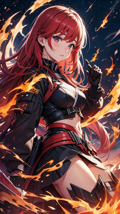 最high quality、best image quality、masterpiece、girl((20-year-old、 By becoming、vest bust、medium bust,wide open breast tea、shining eyes, glowing red hair、long hair、thin,highest valley、black and red suit、Wristband、black gloves、fighting pose、inflammation from th...