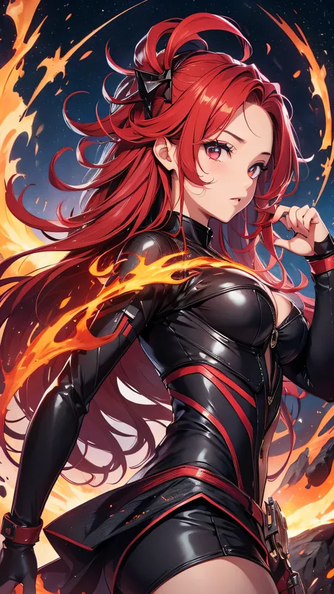 最high quality、best image quality、masterpiece、girl((20-year-old、 By becoming、vest bust、medium bust,wide open breast tea、shining eyes, glowing red hair、long hair、thin,highest valley、black and red suit、Wristband、black gloves、fighting pose、inflammation from th...