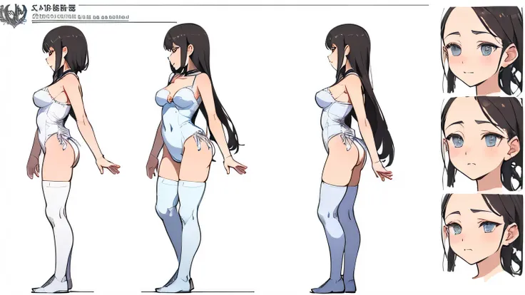 ((Best Quality)), ((Masterpiece)), ((Realistic)) 19 year old, Shion, relaxed bit plaid face ((slender)) (busty), ((( white unitard ))) (( lingerie )) ((sexy )) textured haircut (((detailed character sheet, frontal view, side view, three quarter view))) (((...