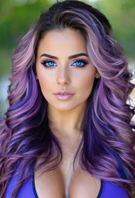 Mujer caucasica, linda y tierna, cabello morado, cabello largo ondulado, cuerpo fitness, mejillas rosas, mirada tierna y miesteriosa, ojos azules