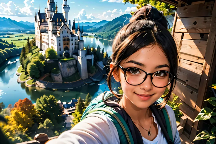 ((wide angle shot)) beautiful female tourist, black hair, ponytail, bangs, wearing large glasses, smirk, ((wearing a Backpacker style outfit)), morning light, Neuschwanstein Castle, Schwangau