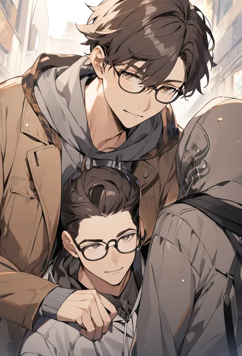 A man wearing gray hoodie together with a man wearing a dark brown jacket that wearing a eyeglass