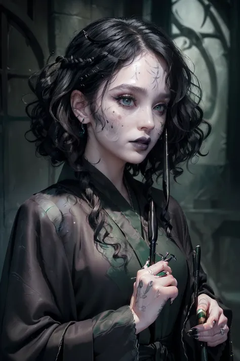 ((A captivating image of Bellatrix Lestrange)), ((wearing authentic Slytherin robes)), ((with intricately curled black hair)), ((her black dull eyes reflecting a mischievous glint)), ((lips painted in subtle black lipstick:1.3)), ((clutches a magic wand wi...