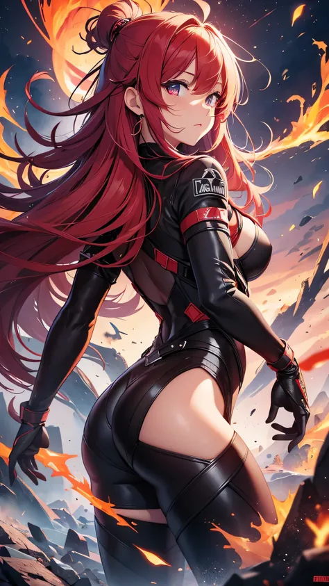 最high quality、best image quality、masterpiece、girl((20-year-old、 By becoming、vest bust、medium bust,wide open breast tea、shining eyes, glowing red hair、long hair、thin,highest valley、black and red suit、Wristband、black gloves、fighting pose、inflammation from th...