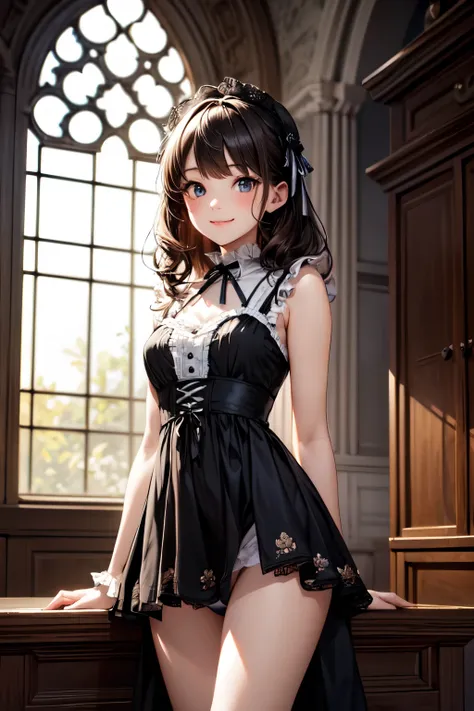 very cute and beautiful girl,(highly detailed beautiful face),
(smile),blush,black hair,looking at viewer,(floral pattern brown lolita dress with detailed frills),detailed lace,
sitting,(spread legs),arms behind back,(white panties),
altar,church,indoors,
...