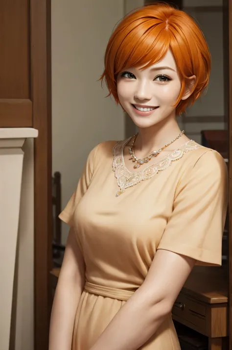 masterpiece, highest quality, Idol,orange hair ,short hair,alone, nice, realistic,smile,Smile,elegant,facing the front