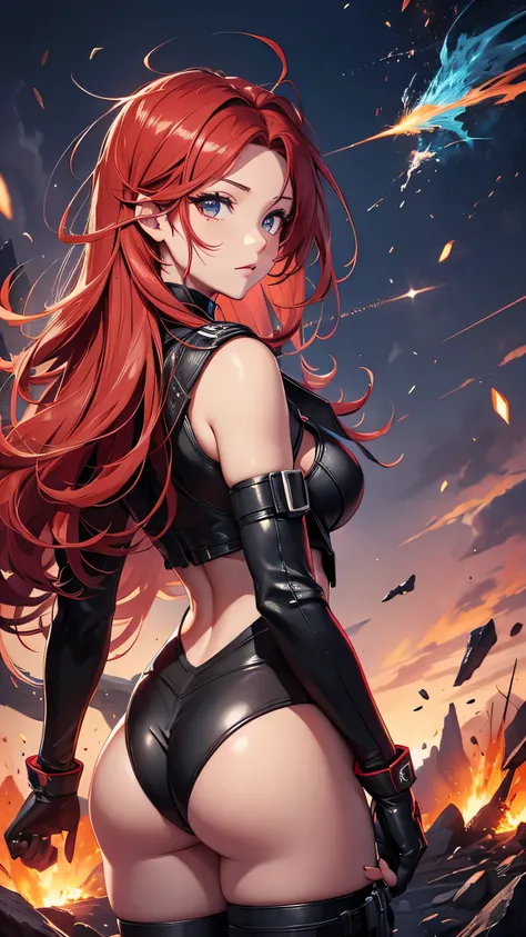 最high quality、best image quality、masterpiece、girl((20-year-old、 By becoming、vest bust、medium bust,wide open breast tea、shining eyes, glowing red hair、long hair、thin,highest valley、black and red suit、Wristband、black gloves、fighting pose、inflammation from th...