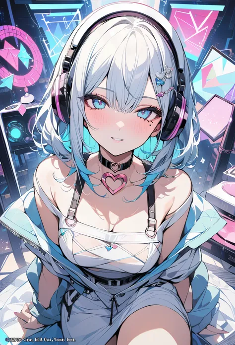 ,beautiful flower々）,mole under eye, heart shaped choker, (masterpiece, highest quality), official art, beautiful and aesthetic: 1.2), (1 girl), very detailed, (geometry art: 1.3), colorful,headphones,DJ