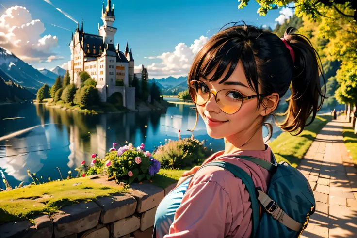 ((wide angle shot)) beautiful female tourist, black hair, ponytail, bangs, wearing large glasses, smirk, ((wearing a Backpacker style outfit)), morning light, Neuschwanstein Castle, Schwangau